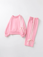 Girls Cotton Polyester Sweatshirt and Pants Set, Pink Bow Trim by Rylee Faith Designs