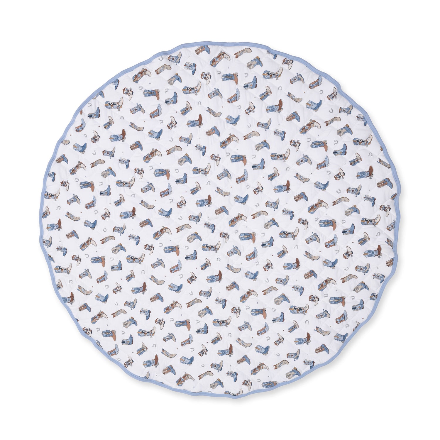 Round quilted baby playmat in soft fabric with a buckaroo cowboy boots print in muted tones.