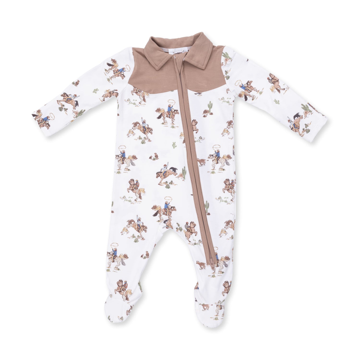 Baby footie pajamas in a cowboy and horse print with a polo collar and full-length 2-way zipper.