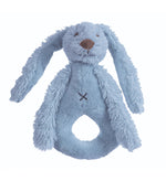 Deep blue plush rabbit rattle toy with soft body and long ears