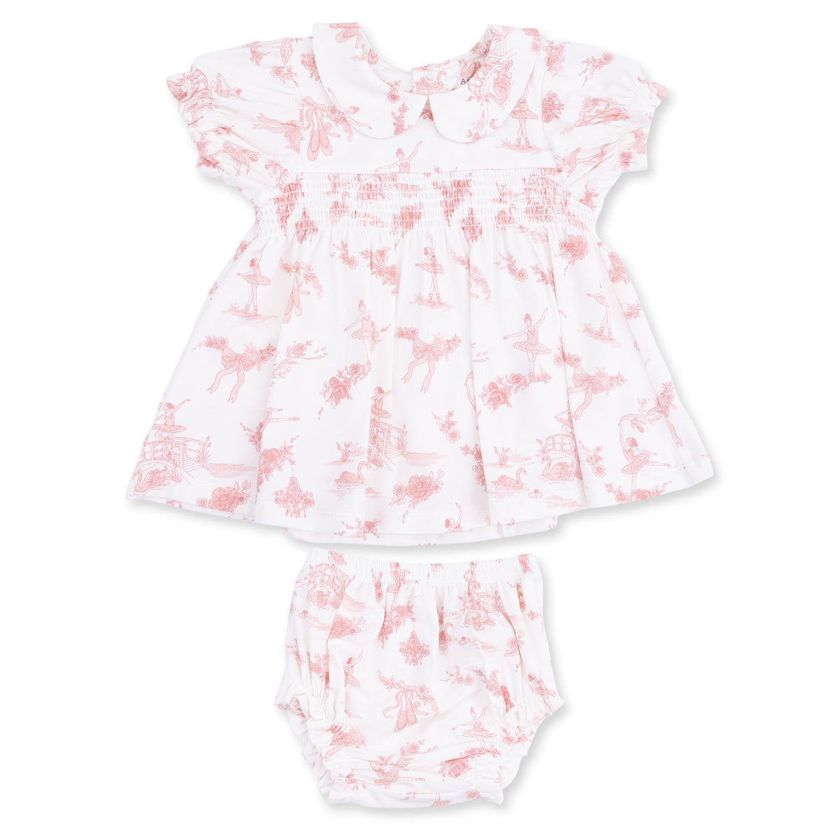 Baby dress set in ballet toile print with Peter Pan collar, smocked chest, ruffle trim and matching bloomers