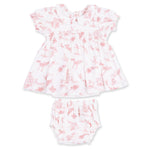 Baby dress set in ballet toile print with Peter Pan collar, smocked chest, ruffle trim and matching bloomers