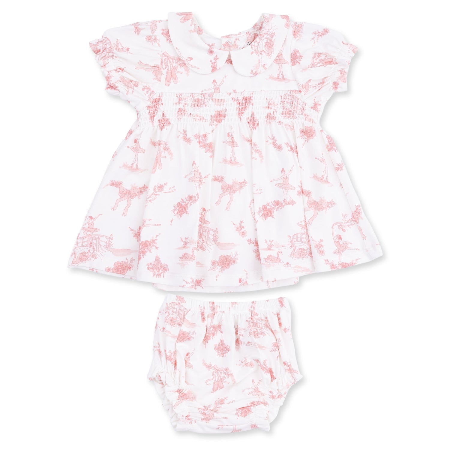 Baby dress set in ballet toile print with Peter Pan collar, smocked chest, ruffle trim and matching bloomers