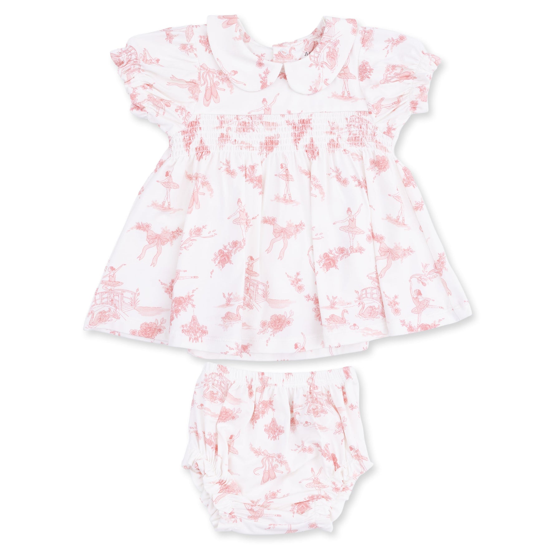 Baby dress set in ballet toile print with Peter Pan collar, smocked chest, ruffle trim and matching bloomers