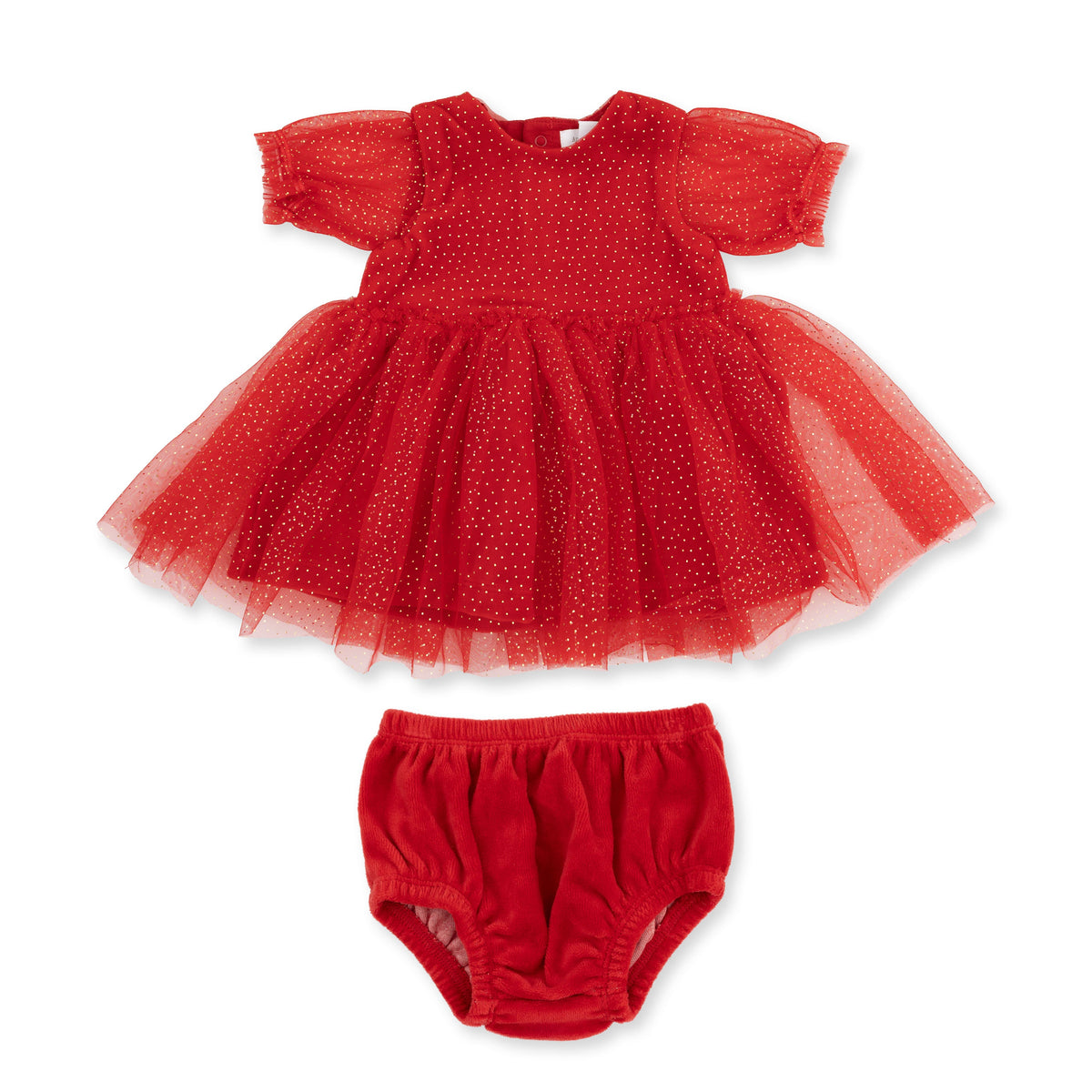 Velour Holiday Red - Puff Sleeve Dress with Tulle Overlay and Bloomer (up to 4T) by Angel Dear