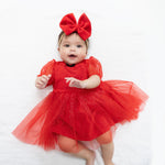 Red velour puff sleeve baby dress with sparkly tulle overlay, chest bow and matching bloomer