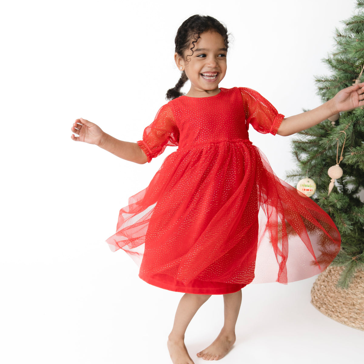Velour Holiday Red - Puff Sleeve Dress with Tulle Overlay and Bloomer (up to 4T) by Angel Dear