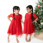 Velour Holiday Red - Puff Sleeve Dress with Tulle Overlay and Bloomer (up to 4T) by Angel Dear