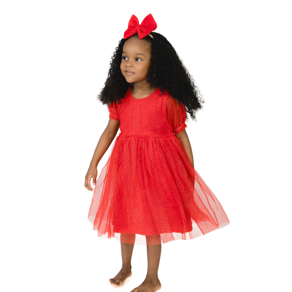 Velour Holiday Red - Puff Sleeve Dress with Tulle Overlay and Bloomer (up to 4T) by Angel Dear