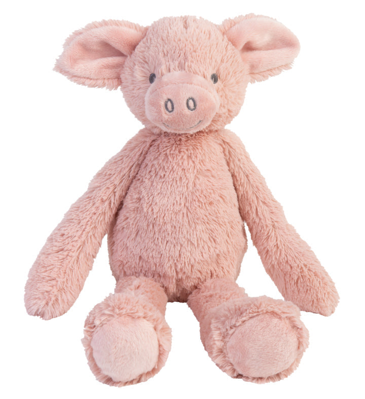Soft stuffed pig toy with a smiling face, standing upright
