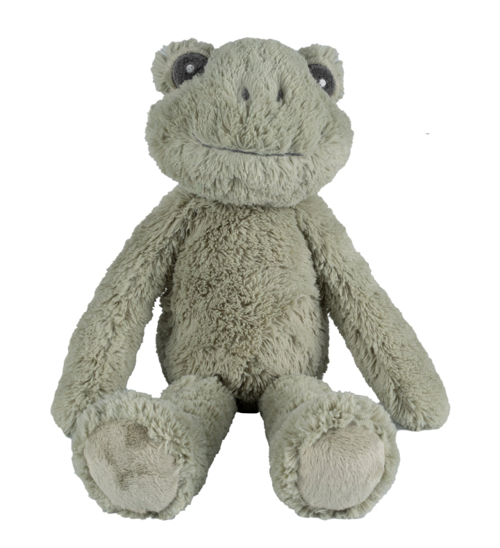 Soft green plush frog stuffed toy with a friendly face, sitting upright.