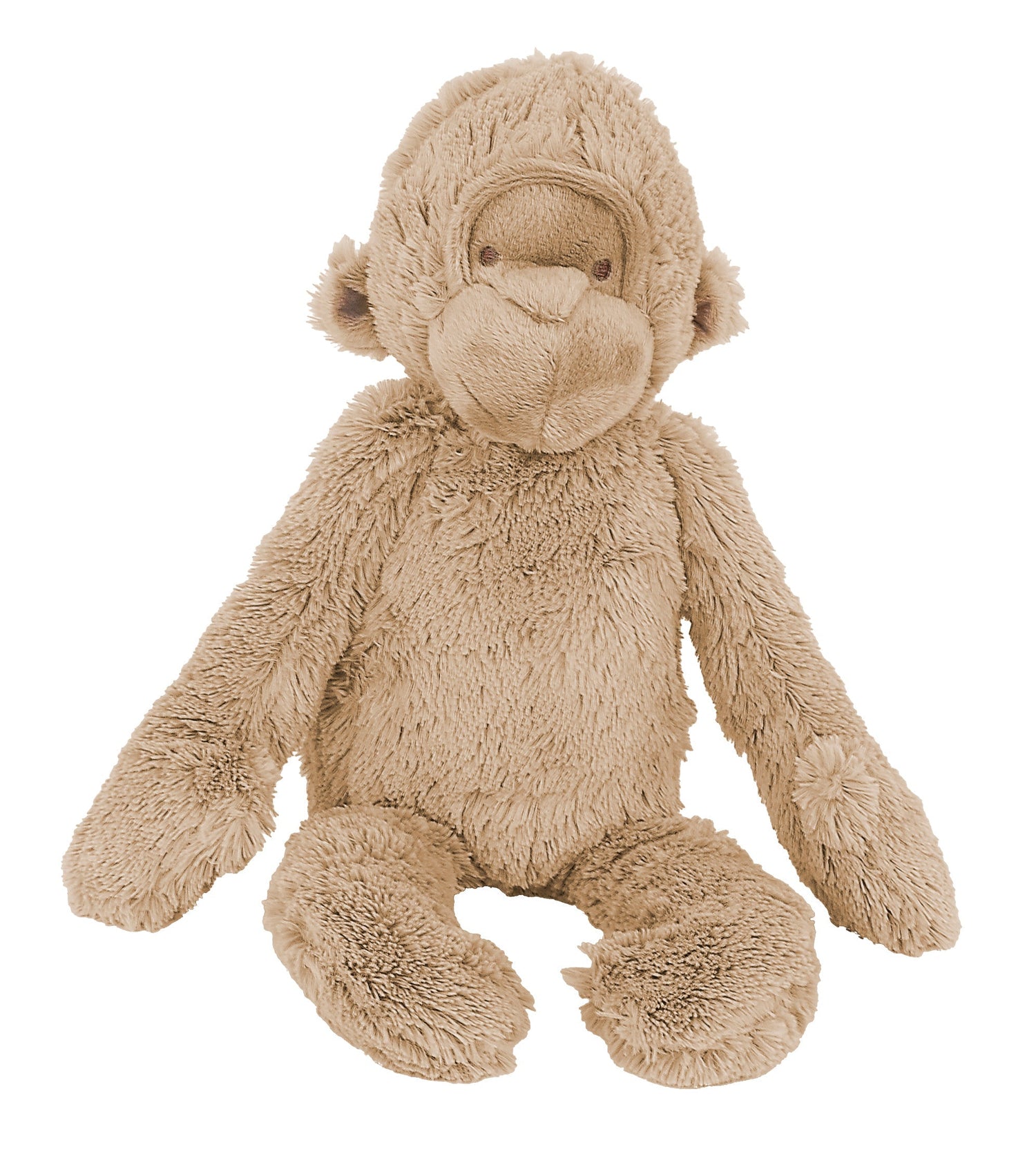 Tan plush gorilla with a soft nose and sewn-in eyes, standing upright.