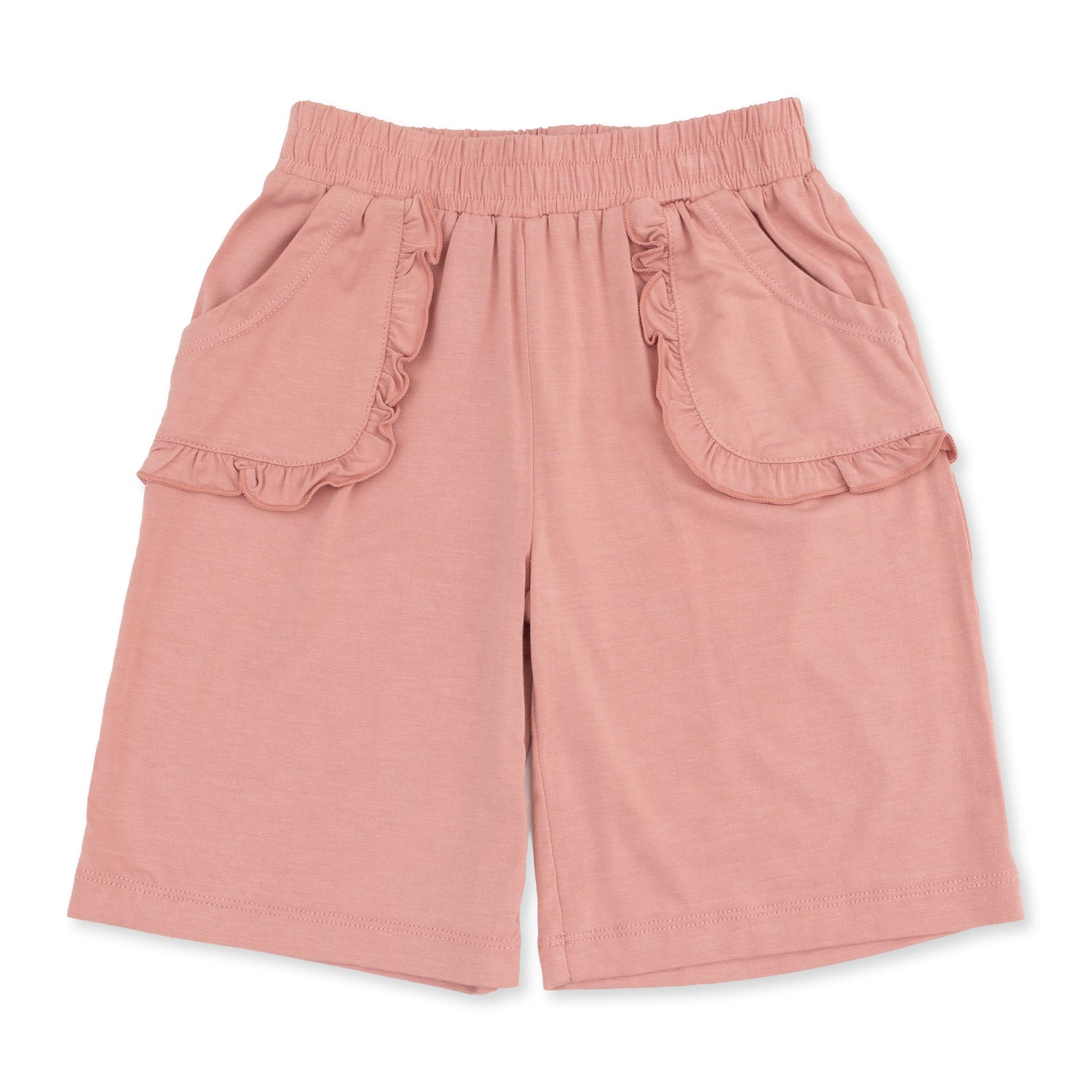 Wide leg baby pants in a cowgirl cameo print with ruffle-trimmed pockets and an elastic waistband
