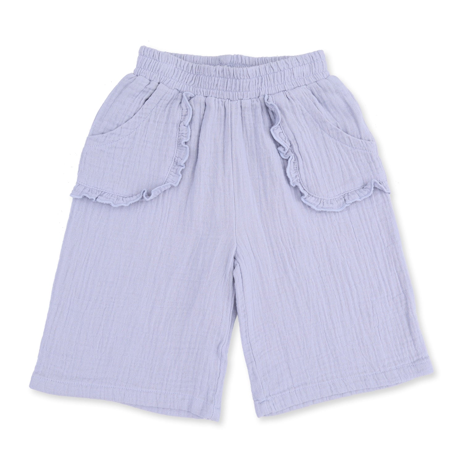 Wide leg baby pants in solid Zen Blue muslin with elastic waistband and ruffle-trimmed pockets.
