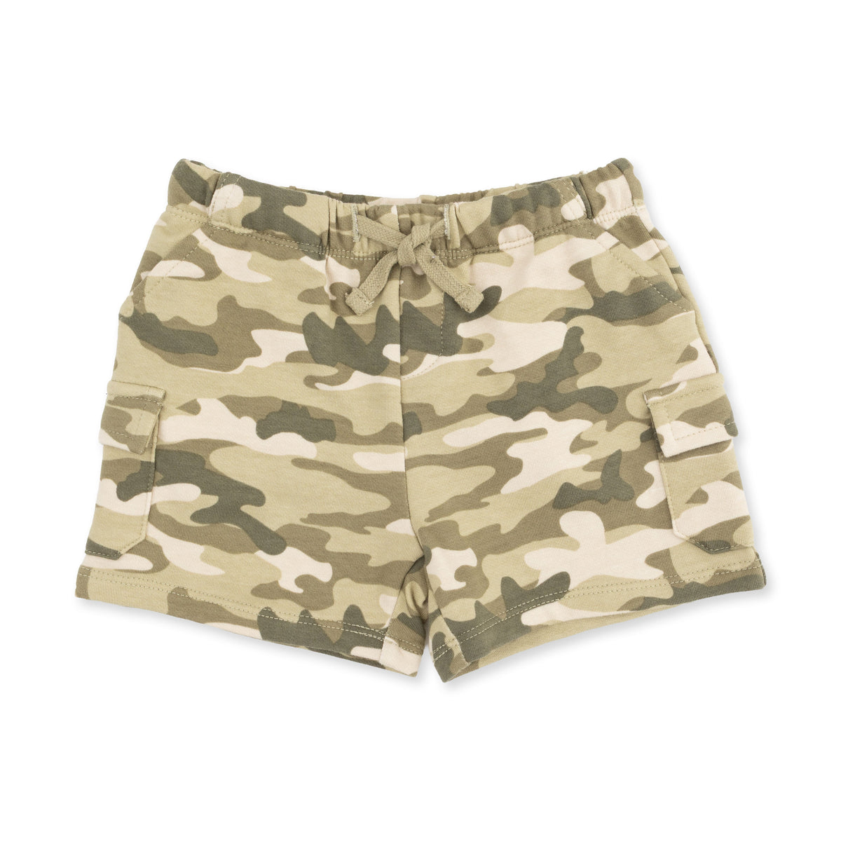 Baby cargo shorts in camo print organic French terry with drawstring waist and side pockets