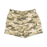 Baby cargo shorts in camo print organic French terry with drawstring waist and side pockets