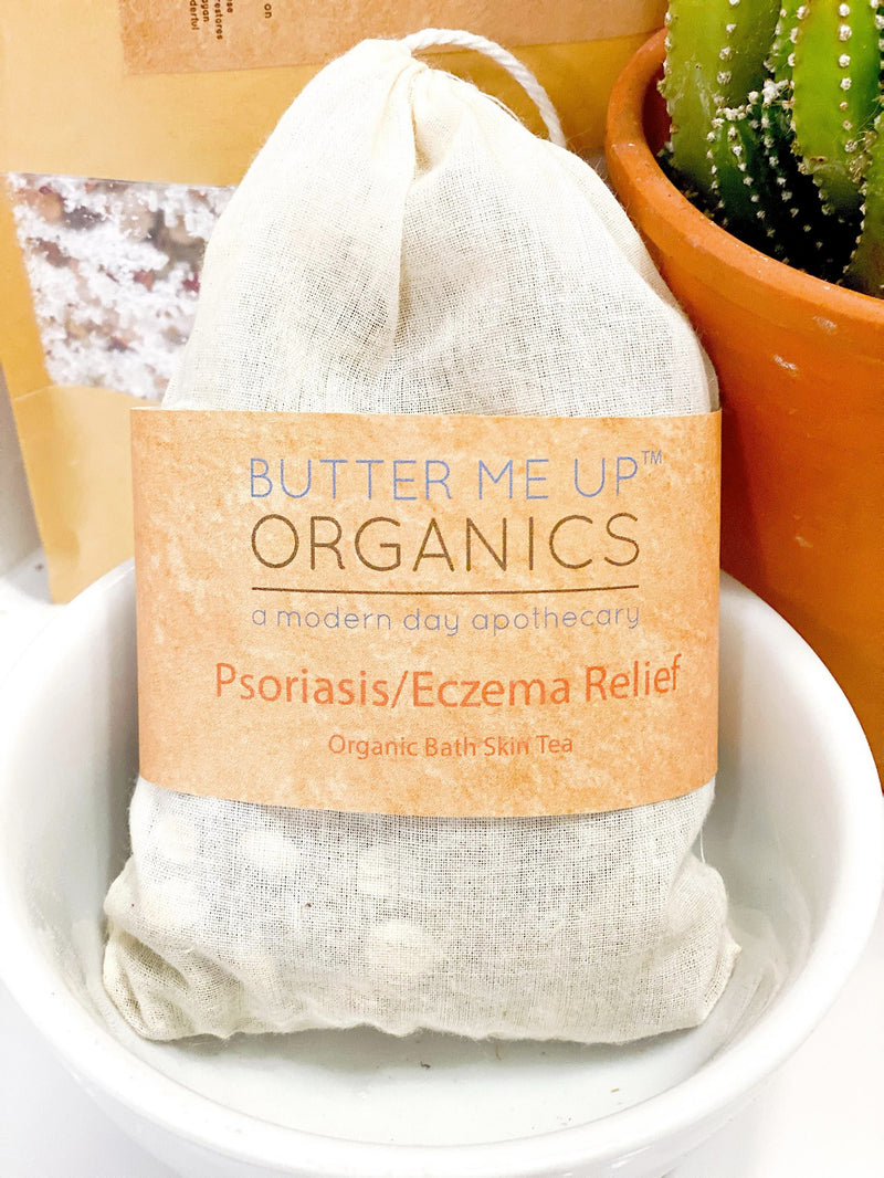 Organic Skin Care Bath Tea for Psoriasis and Eczema relief, natural ingredients in muslin bag.