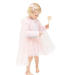 Soft pink tulle play cape with silver foil stars and a tie closure at the neck