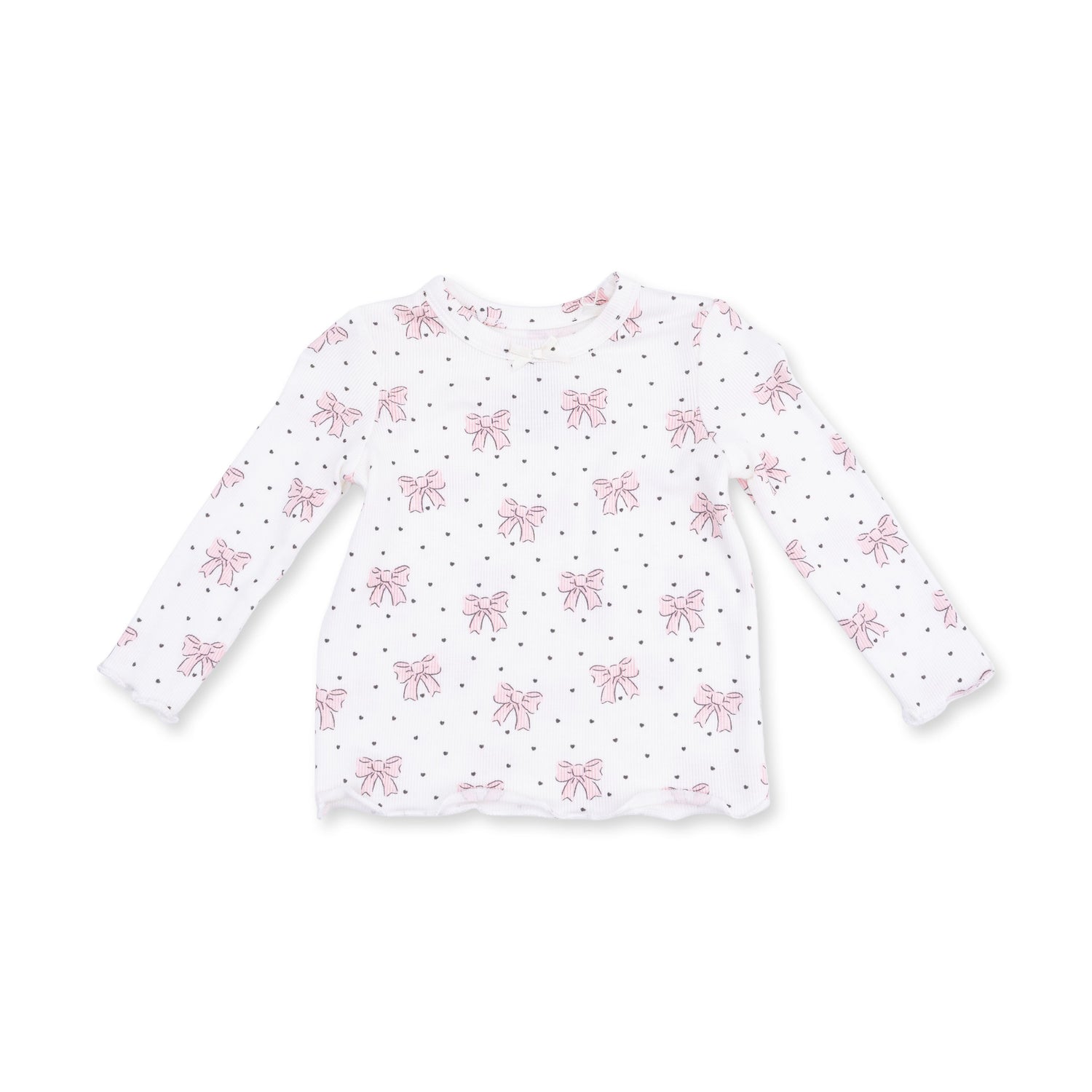 Long sleeve tunic top with a bows and hearts print, scalloped lettuce edge cuffs and hem, and a longer tunic length