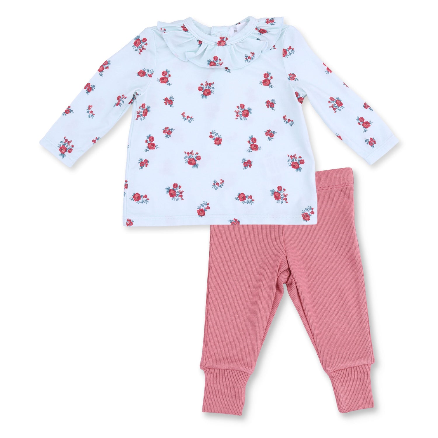Two-piece baby set in Alyssa floral print with a long-sleeve ruffle-collar top and matching elastic-waist pants.