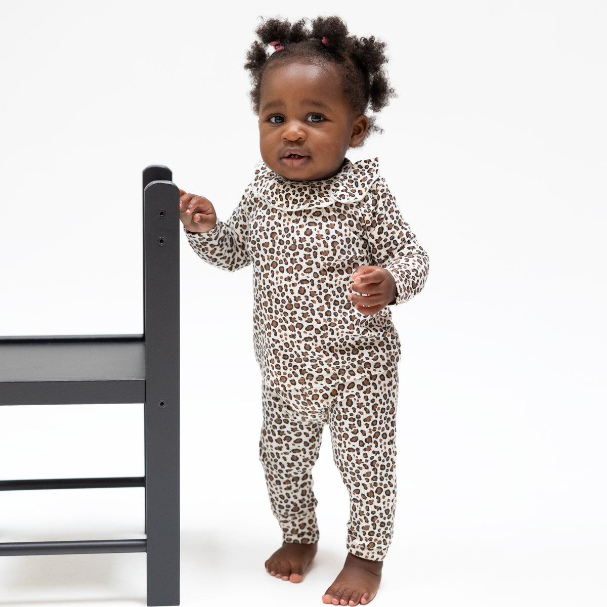 Baby two-piece set with leopard-print ruffle-collar long sleeve top and matching pants