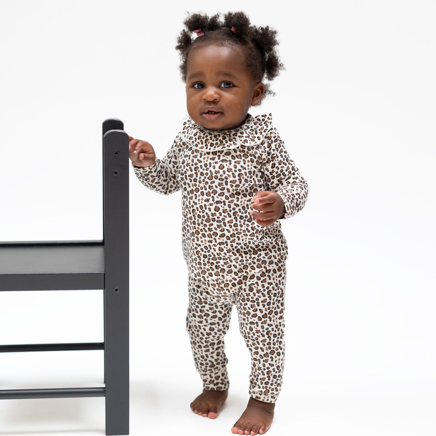 Baby two-piece set with leopard-print ruffle-collar long sleeve top and matching pants