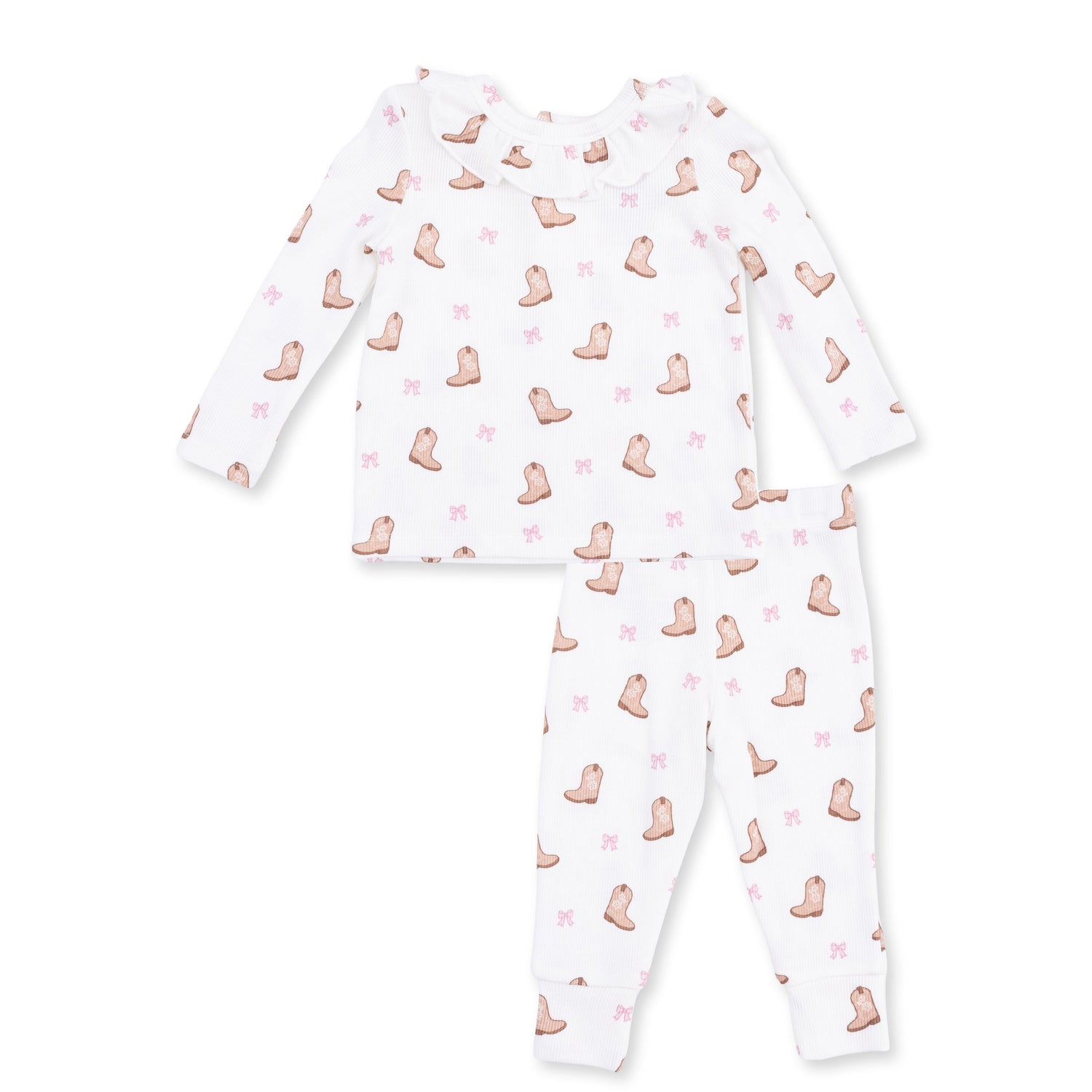Two-piece baby set with cowgirl boots print, long sleeves, ruffle collar top, and matching pants.