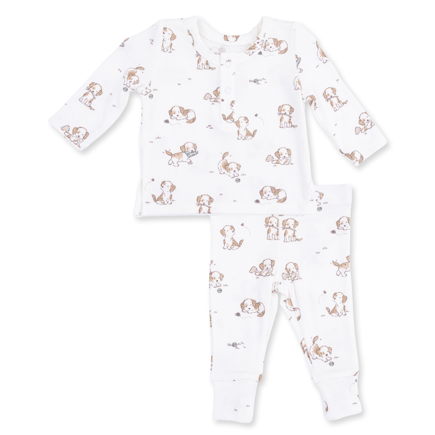 Two-piece baby set with blue puppy-print long sleeve henley top and matching pull-on pants.