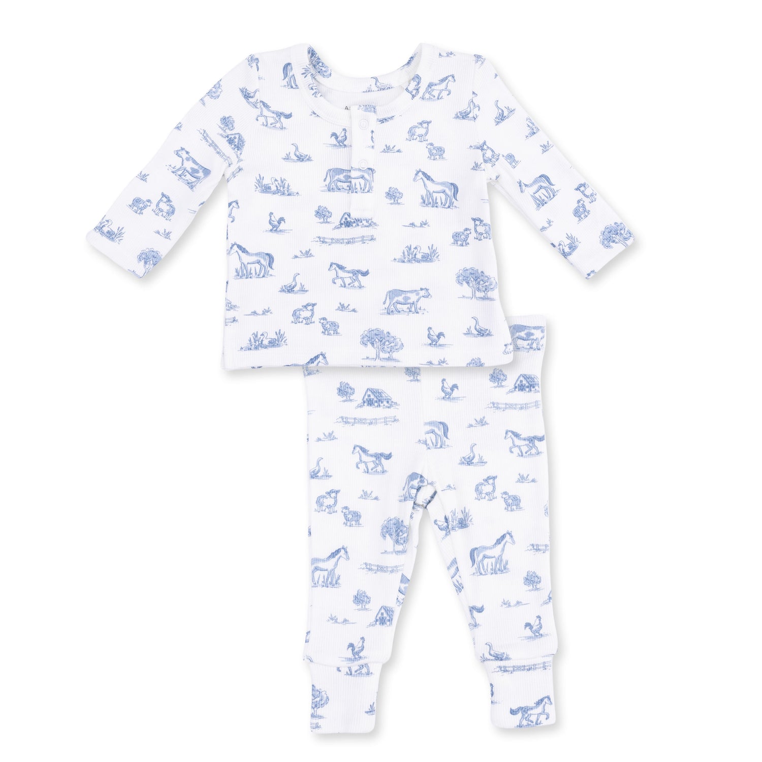 Two-piece baby set with long sleeve henley and matching pants in a farm animals print