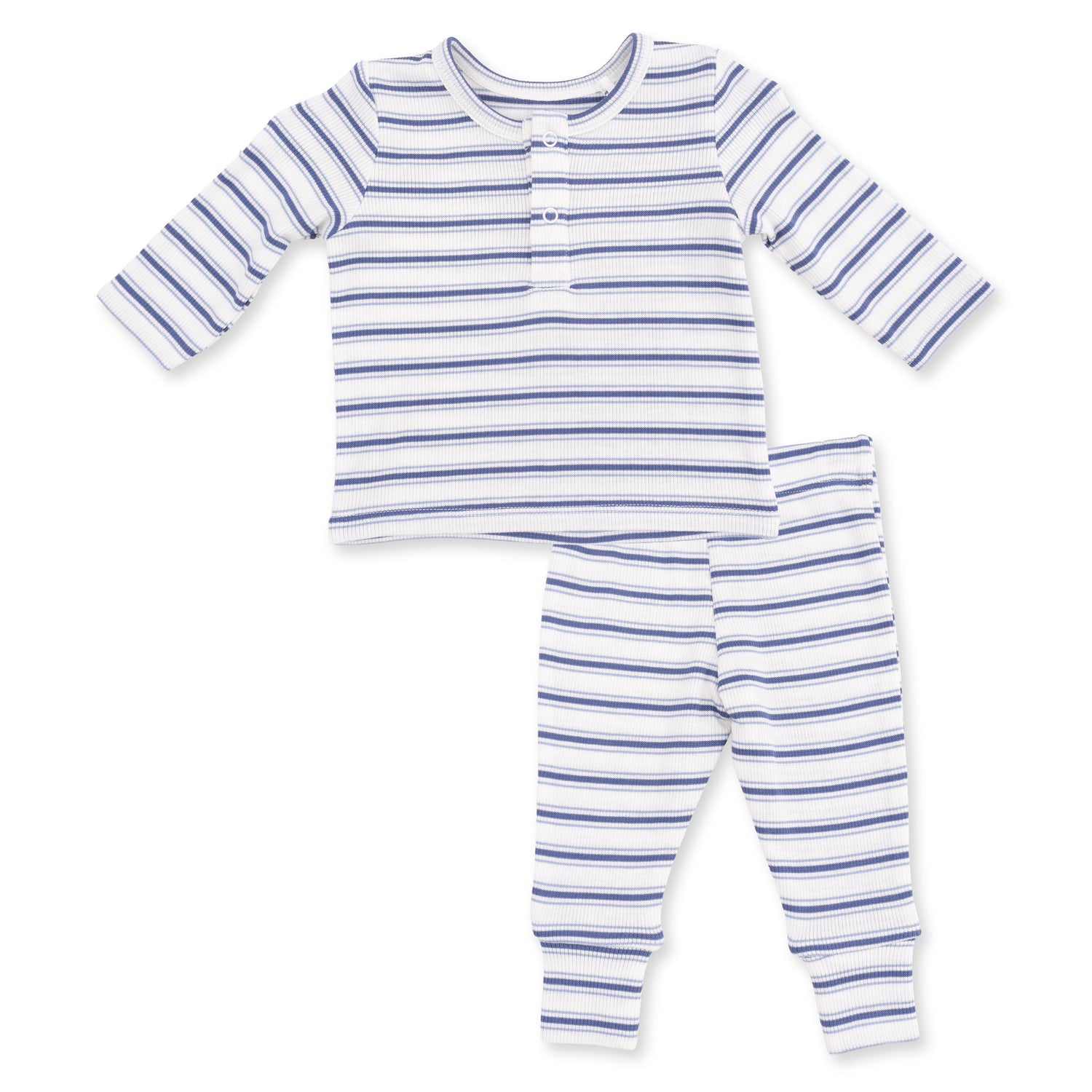 Two-piece baby set with blue vintage-stripe long sleeve henley and matching pull-on pants