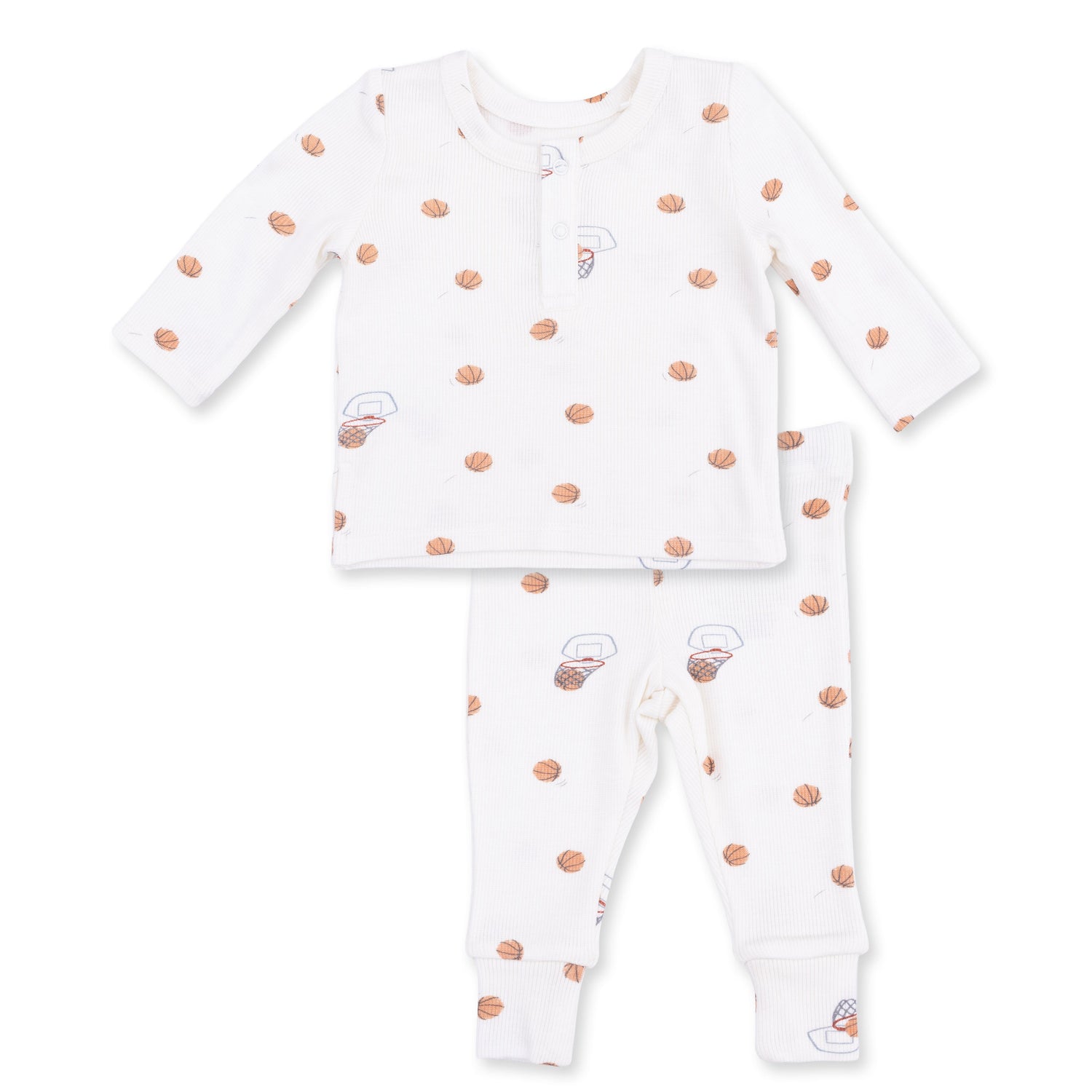 Two-piece baby set with a mini basketballs print long sleeve henley and matching pants