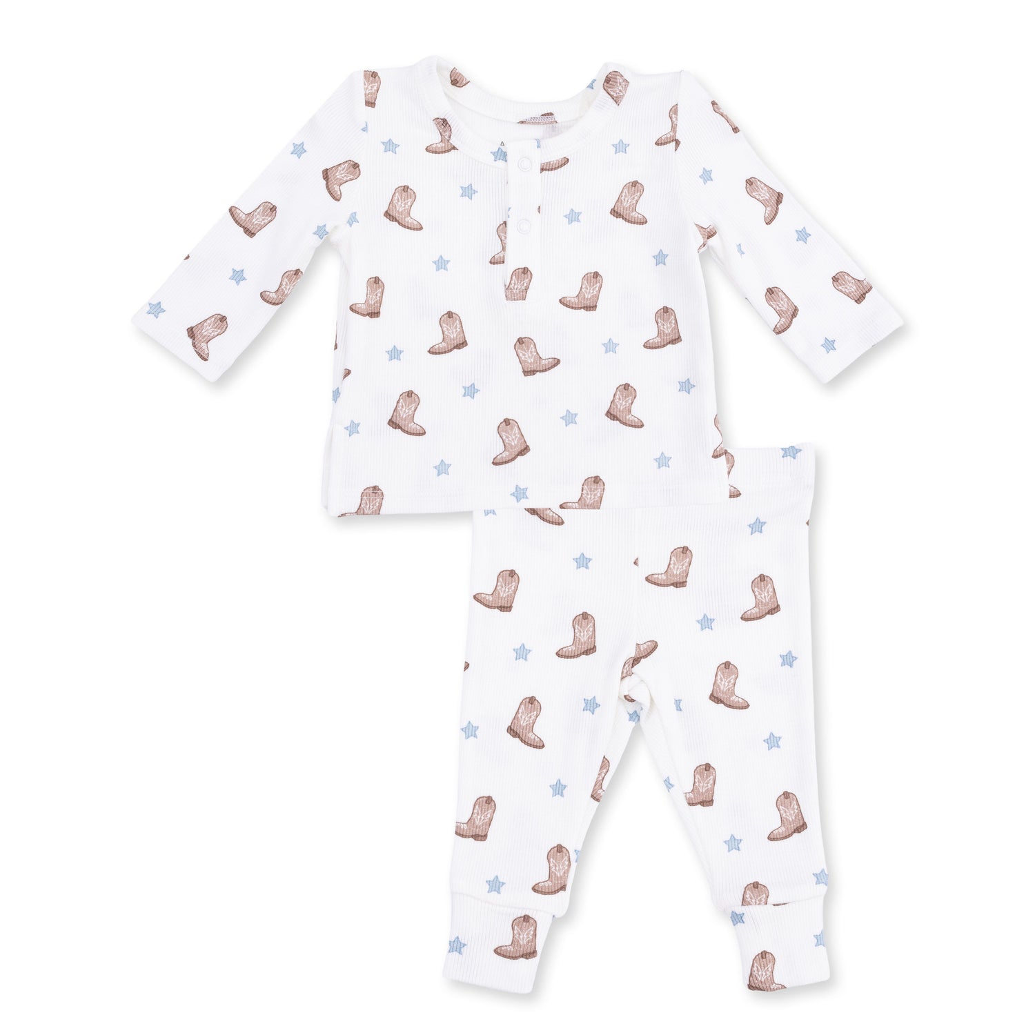 Two-piece long sleeve henley and pant set in a mini cowboy boots print with snap placket