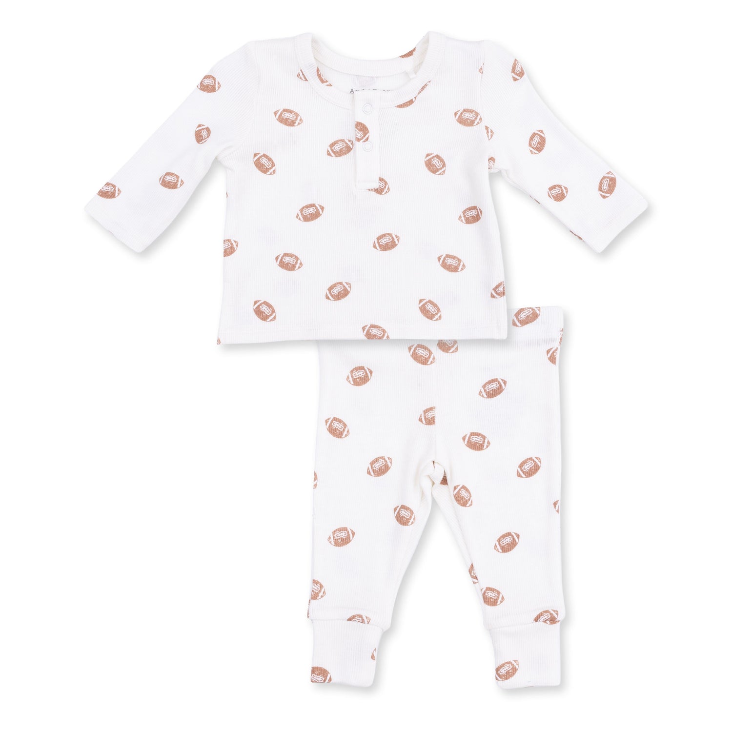 Two-piece baby set with long sleeve snap henley top and matching pants in a mini footballs print