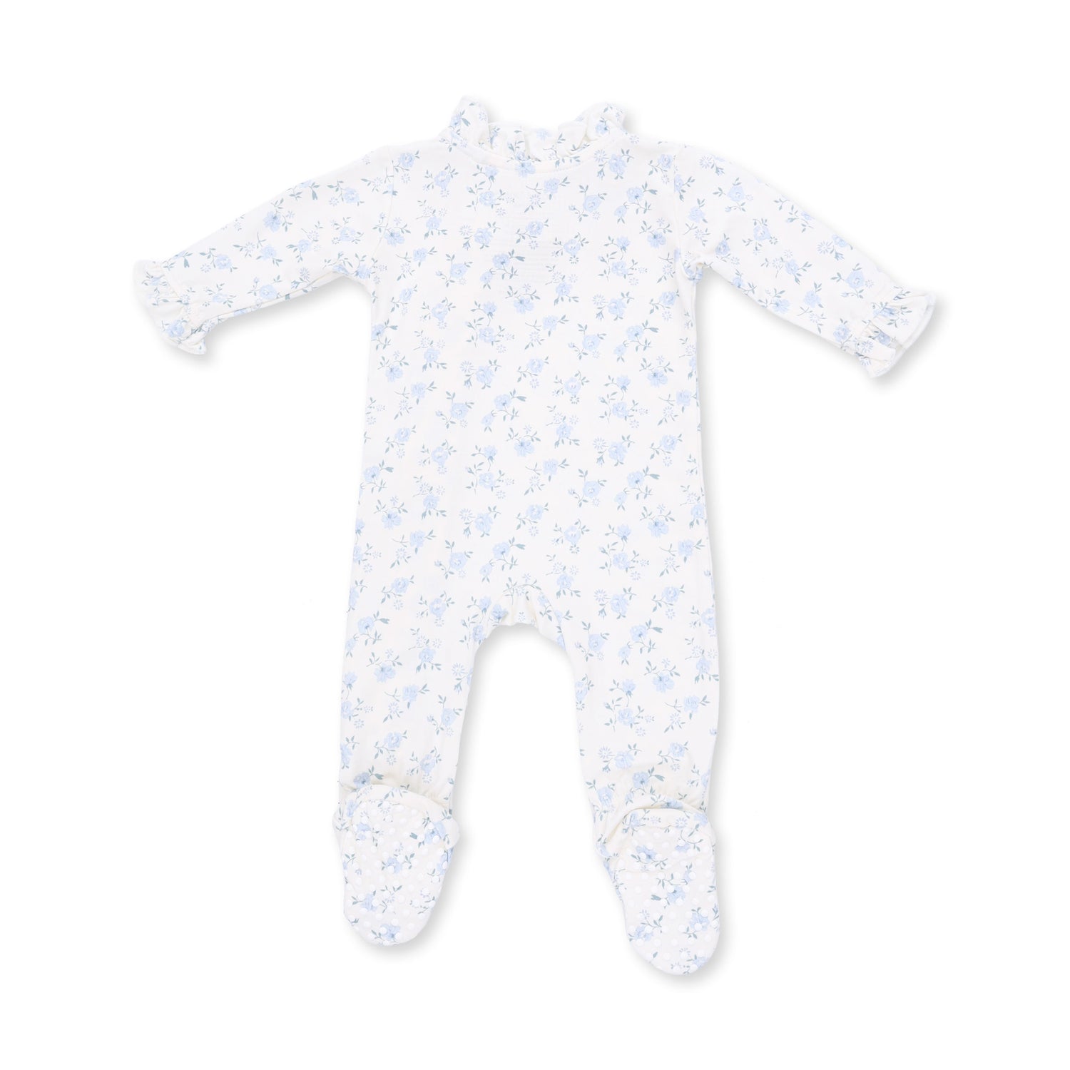 Kimono ruffle snap footie in rose briar floral print with wrap front and covered feet