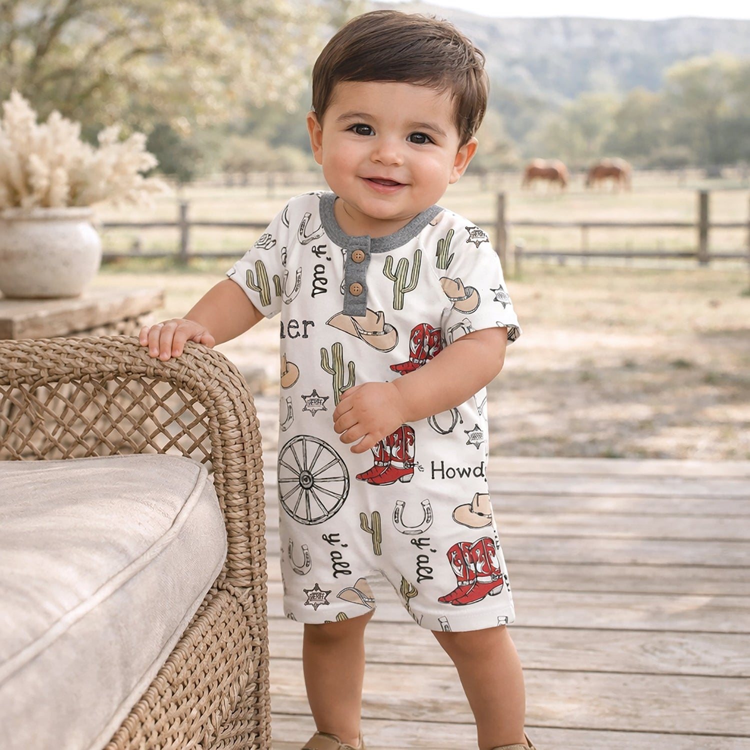 Howdy Partner Henley Romper – Cotton Western Cowboy by Tesa Babe at Everetts Place