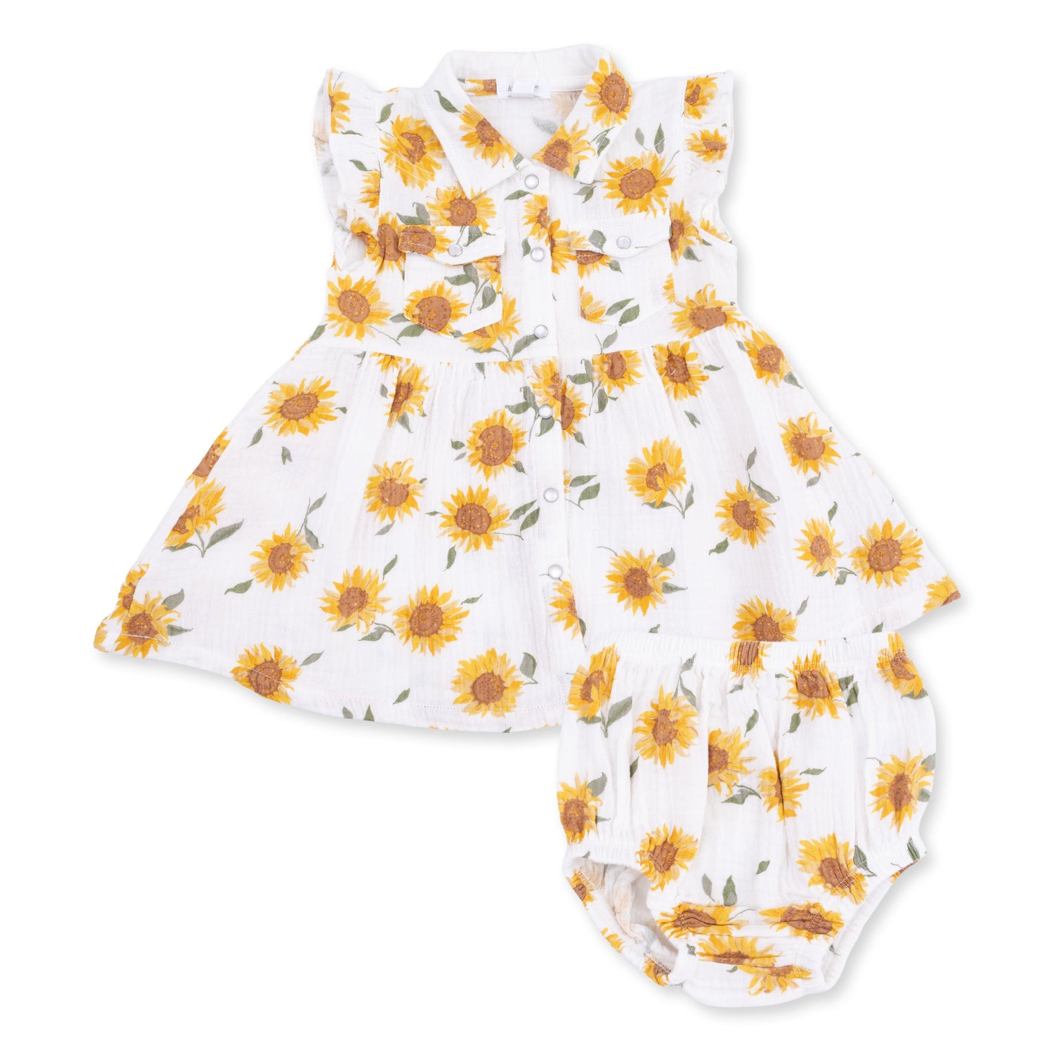 Western-style baby dress with pearl snap front and pockets, paired with a matching bloomer in organic cotton muslin.