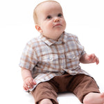 Short sleeve baby shirt in western plaid organic cotton muslin with a pearl snap button front
