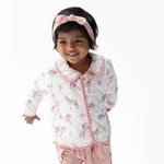 Baby barn jacket with contrast collar and trim, snap front closure, and two front pockets
