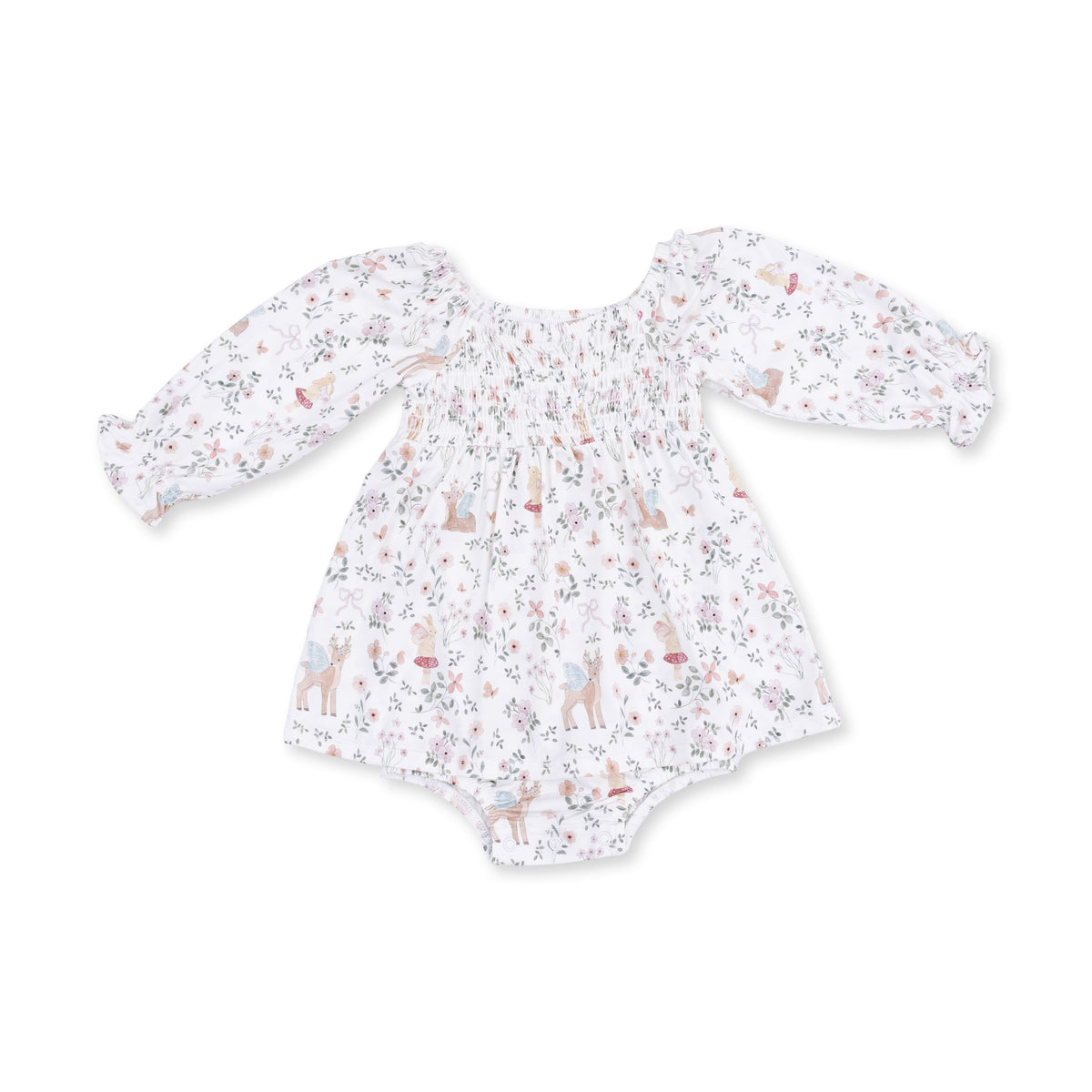 Baby bubble romper in Enchanted Woodland print with smocked bodice and ruffled elastic wrists