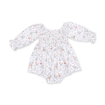 Baby bubble romper in Enchanted Woodland print with smocked bodice and ruffled elastic wrists