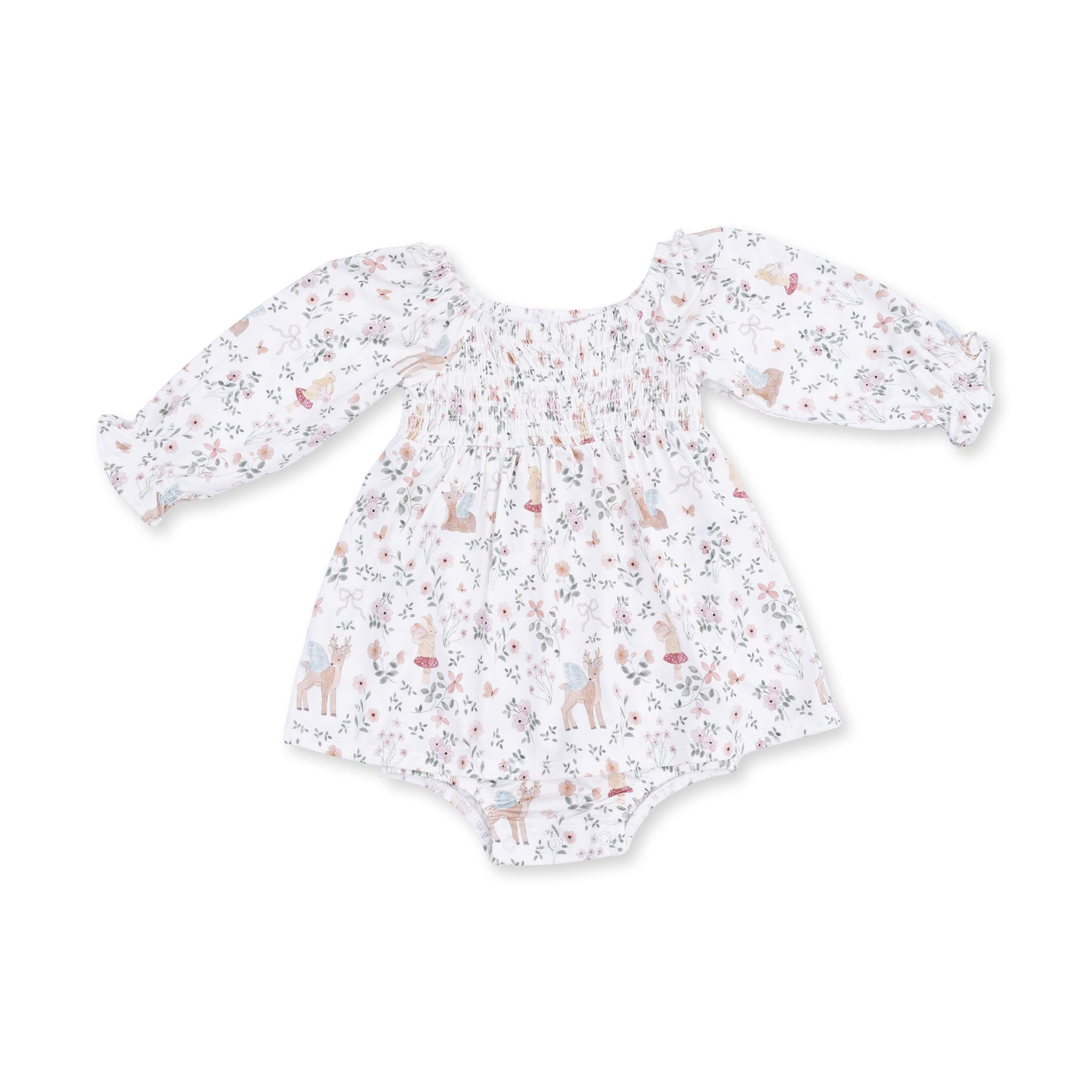 Baby bubble romper in Enchanted Woodland print with smocked bodice and ruffled elastic wrists