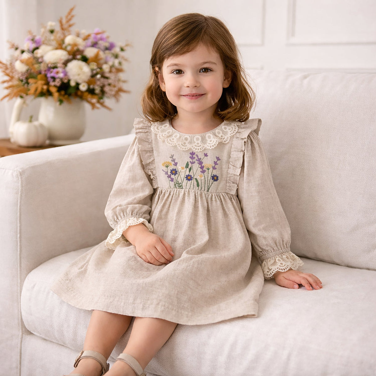 Embroidered Wildflower Linen Dress With Lace Trim by Tesa Babe