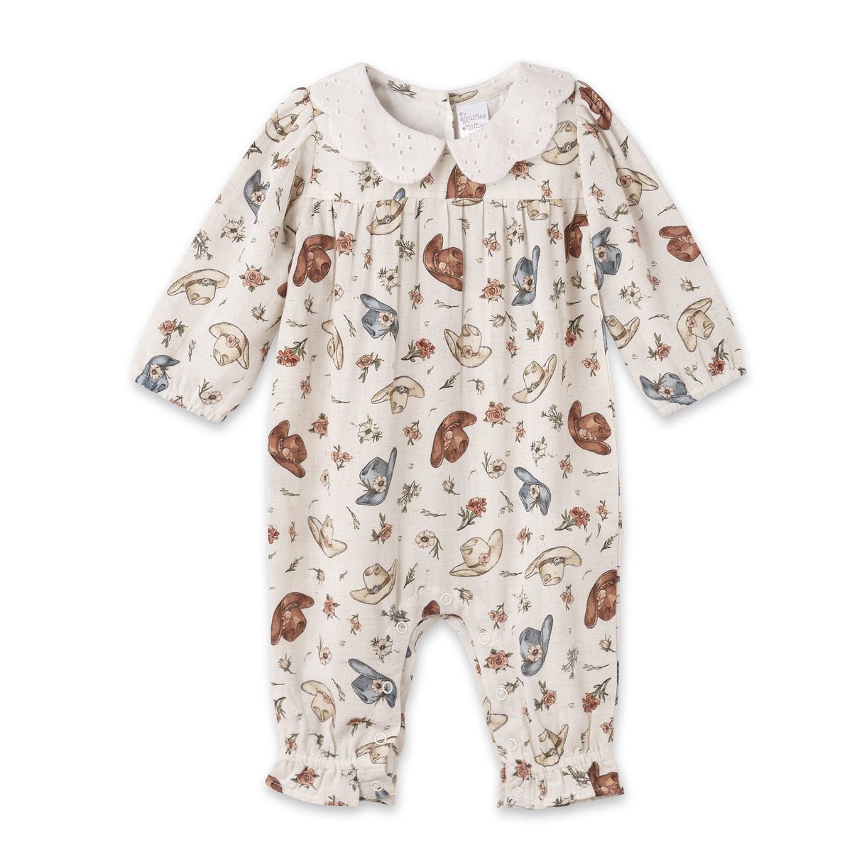 Larkspur Prairie Linen Western Romper With Eyelet Collar by Tesa Babe