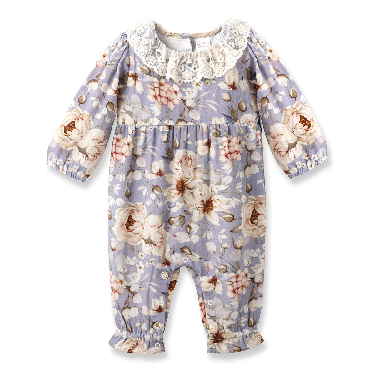 Blue Floral Vintage Linen Baby Romper With Lace Collar by Tesa Babe