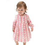 Baby dress and bloomer set in Suzie floral stripe organic cotton muslin with ruffle front and elastic wrists.