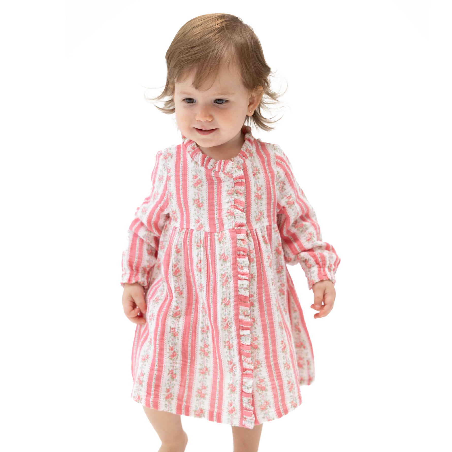 Baby dress and bloomer set in Suzie floral stripe organic cotton muslin with ruffle front and elastic wrists.
