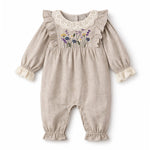 Embroidered Wildflower Linen Baby Romper With Lace Trim by Tesa Babe