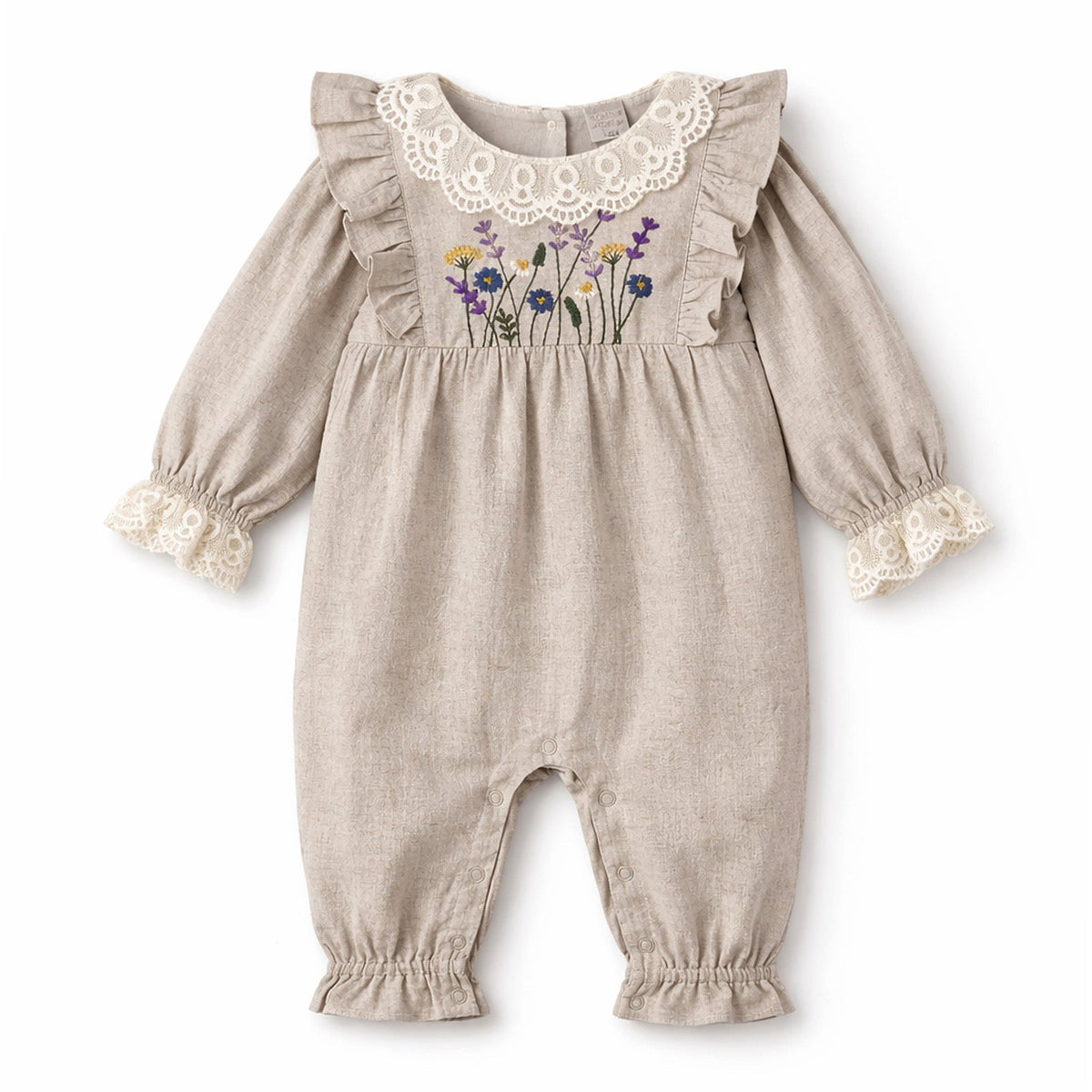 Embroidered Wildflower Linen Baby Romper With Lace Trim by Tesa Babe