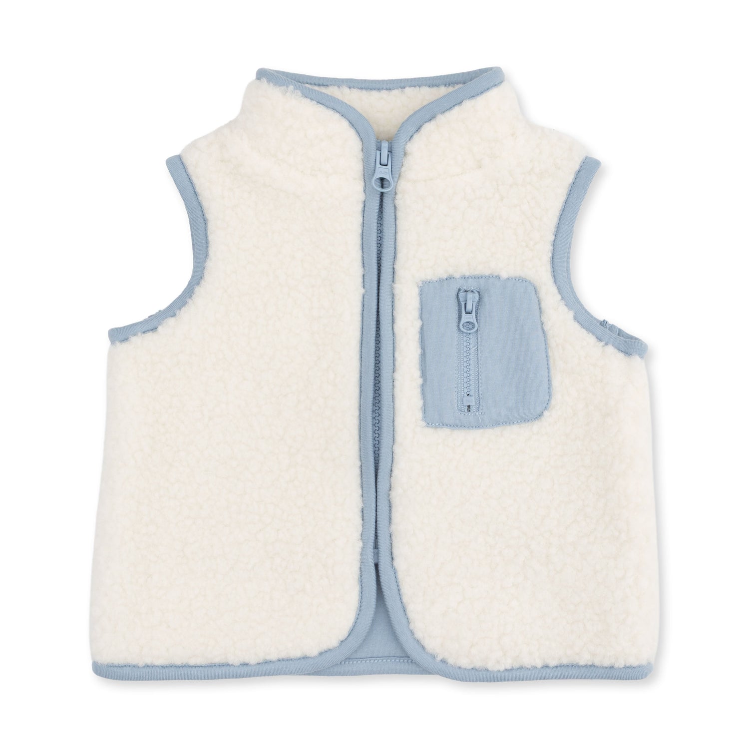 Baby sherpa vest with full front zip and a zip pocket, sleeveless layering style