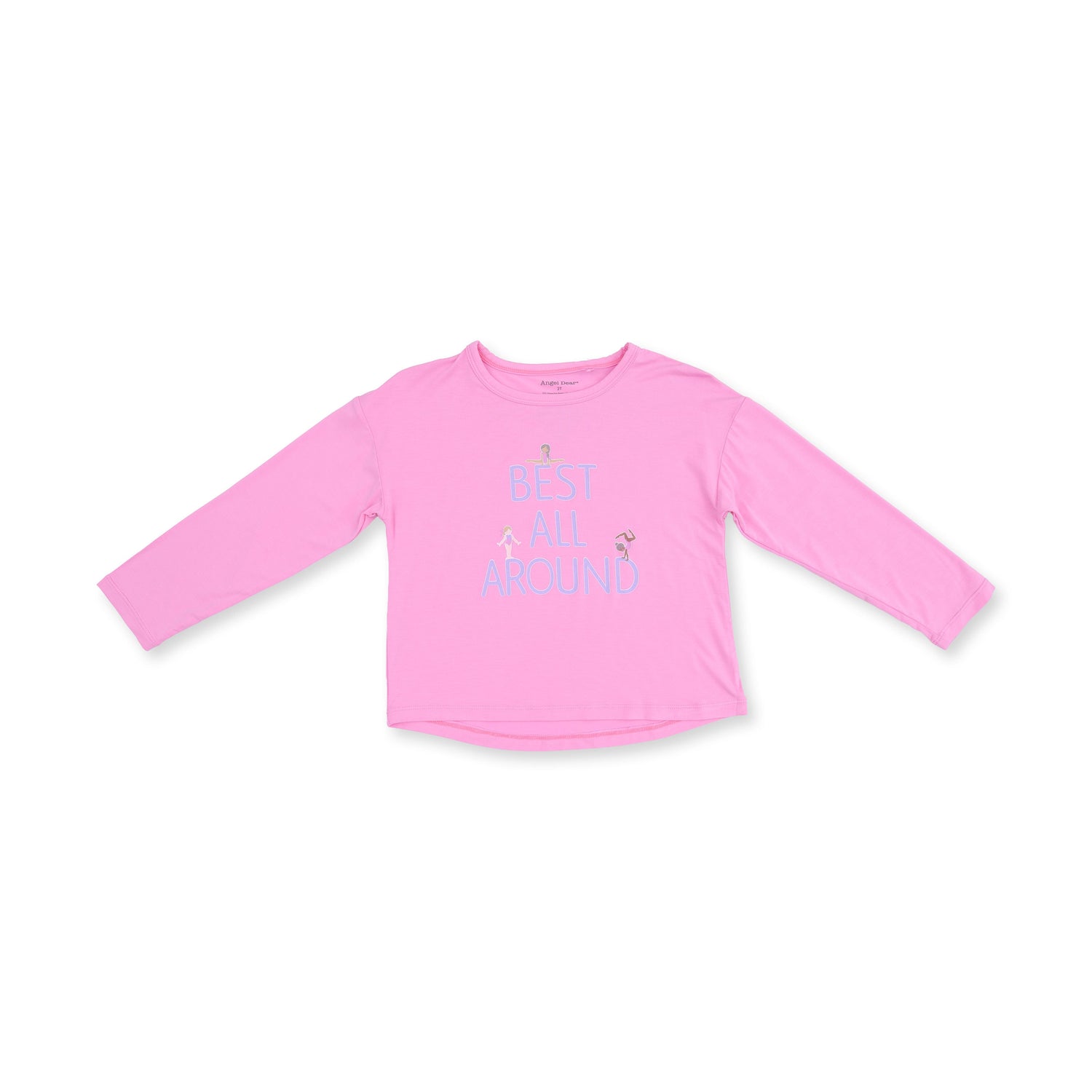 Long sleeve drop shoulder baby top with a "Best All Around" print of tiny gymnasts